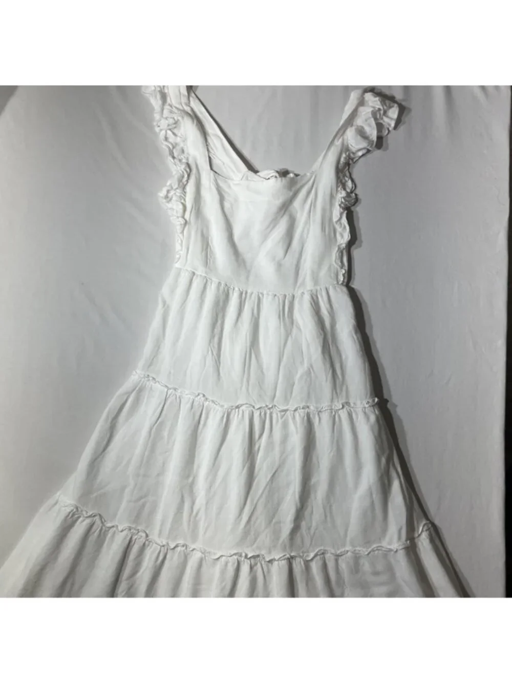 White Ruffle Sleeve Tiered Maxi Dress With Square Neckline size L - Picture 9 of 11
